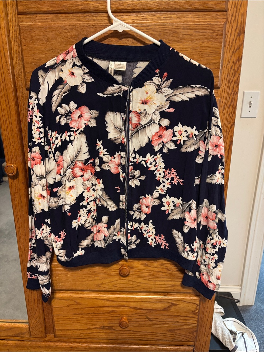 Passport Floral Zip Bomber Jacket - Navy with Pink & Cream Flowers